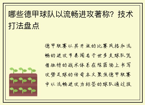哪些德甲球队以流畅进攻著称？技术打法盘点